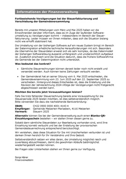 Fortbestehende Verzögerungen bei der Steuerfakturierung und Verschiebung der Gemeindeversammlung Fortbestehende Verzögerungen bei der Steuerfakturierung und Verschiebung der Gemeindeversammlung