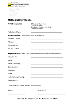 9.4. Meldblatt für Hunde Meldeblatt für Hunde