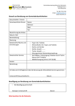 0.31 Gesuch zur Benützung von Gemeideräumlichkeiten Gesuch zur Benützung von Gemeinderäumlichkeiten