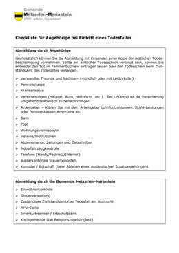 Checkliste Angehörige Metzerlen-Mariastein Checkliste für die Angehörigen