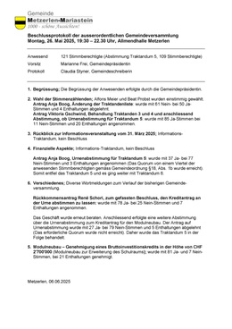 Beschlussprotokoll der ausserordentlichen Gemeindeversammlung 26.05.2025 Protokoll